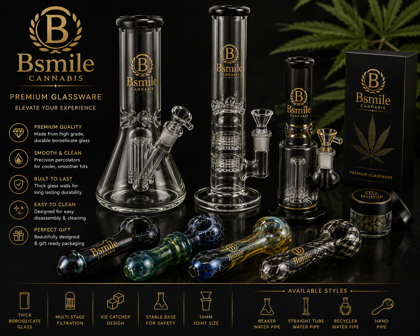 Bsmile premium glassware and accessories — promotional artwork